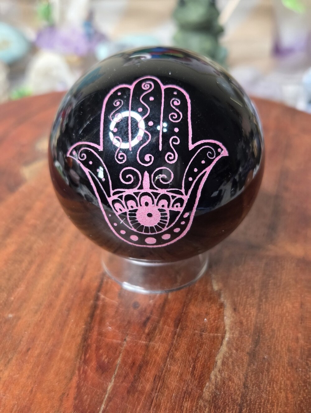 Obsidian Sphere With Pink Hamsa Hand ( Repel Negative Energy